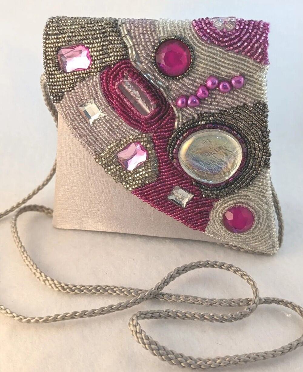 Vtge Nitebags Evening Purse Hand Beadedpink Grey Silver Shoulder Strap Or Clutch